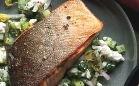 Arctic Char with Cucumber-Feta Relish and Jalapeño-Goat Cheese Hush Puppies