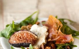 Arugula with Brûléed Figs, Ricotta, Prosciutto, and Smoked Marzipan