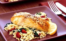 Baked Halibut with Orzo, Spinach, and Cherry Tomatoes