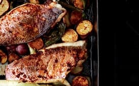 Baked Snapper with Harissa, New Potatoes, and Spring Onions