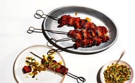 Barbecue Pork Kebabs With
Blistered-Chile–Pumpkin Seed Salsa