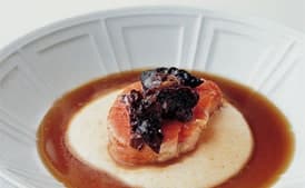 Barely Cooked Salmon with Parmesan Polenta and Mushroom Consommé