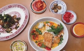 Bass with Herbed Rice and Coconut-Vegetable Chowder