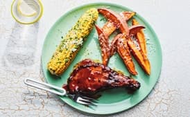 BBQ Pork Chops with Herb-Butter Corn and Sweet Potatoes