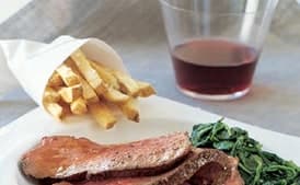 Beef Tenderloin with Red Wine Sauce, Creamed Spinach, and Truffled French Fries