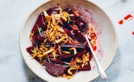 Beet Salad with Pickled Mushrooms and Caramelized Shallots