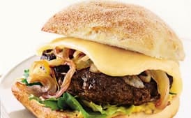 Bison Burgers with Cabernet Onions and Wisconsin Cheddar