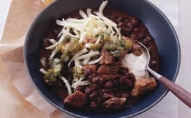 Black Bean Chili with Crispy Pork and Poblano Salsa