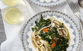 Black Cod Fillets Poached in Five-Spice Broth with Baby Bok Choy and Udon