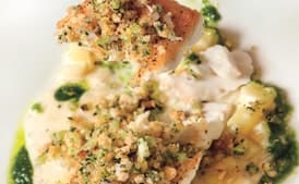 Black Cod with Fennel Chowder and Smoked Oyster Panzanella