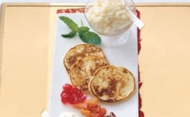 Blinis with Tapioca Caviar, Candied Fruits, Toasted Pecans, and Crème Fraîche