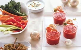 Bloody Mary Soup Shots with Shrimp and Pickled Vegetables
