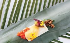 Braised Halibut Fillets in Coconut and Lemongrass with Smoked Eggplant and Tomato Ginger Chutney