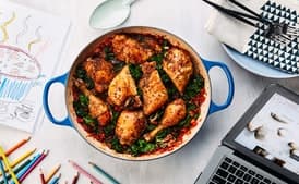 Braised Rotisserie Chicken with Bacon, Tomatoes, and Kale