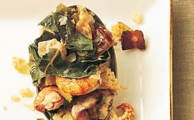 Bread Stuffing with Crawfish, Bacon, and Collard Greens