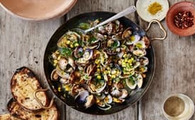 Brothy Steamed Clams with Corn