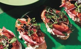 Bruschetta with Rosemary, Roasted Plum Tomatoes, Ricotta and Prosciutto