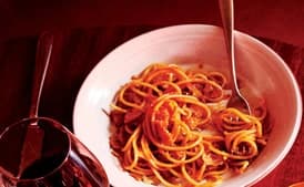 Bucatini with Tomato, Guanciale, and Chile