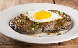 Buckwheat Pancakes with Sausage, Scallions and Fried Eggs