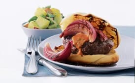 Buffalo Burgers with Pickled Onions and Smoky Red Pepper Sauce