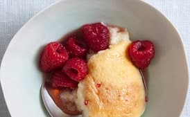 Buttermilk Pudding Cake with Maple Raspberries
