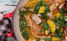 Cane Vinegar Chicken with Pearl Onions, Orange & Spinach