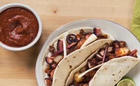 Charred Octopus Taco with Harissa, Chorizo Crushed Potatoes, and Pickled Ramps