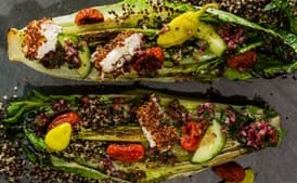 Charred Romaine Greek Salad With Quinoa-Crusted Feta