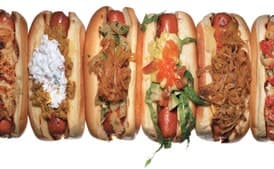 Cheddar Dogs with Cider-Braised Leeks and Apples