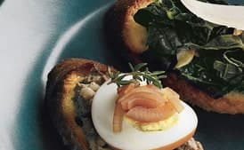 Chicken Liver Crostini with Pickled Eggs