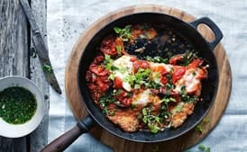 Chicken Schnitzel with Chile Cherry Tomatoes and Mozzarella