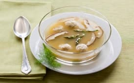 Chicken Soup with Asparagus and Shiitakes, Served with Roasted Fennel Matzo Balls