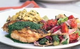 Chicken Under a Brick with Fresh Herb and Garlic Sauce