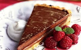 Chocolate-Caramel Tart with Drunken Raspberries and Vanilla Crème Fraîche