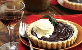 Chocolate Custard Tartlets in Almond Cookie Crust with Saffron Ice Cream