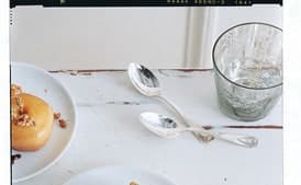 Cider-Poached Apples with Candied Walnuts, Rum Cream, and Cider Syrup