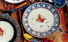 Cold Cucumber and Cubanelle Soup with Cashews and Chives