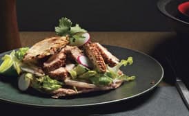 Coriander Chicken Tostadas with Refried Beans and Grilled Fennel