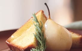 Cornmeal Pound Cake with Rosemary Syrup, Poached Pears, and Candied Rosemary