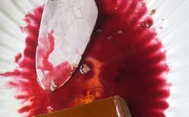 Creamy Chocolate-Cheese Flan with Hibiscus Sauce