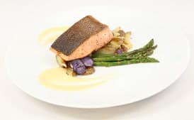 Crispy-Skin King Salmon with Roasted Asparagus, Fingerling Potatoes, and Hollandaise Sauce