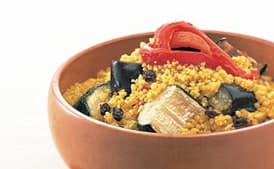 Curried Couscous with Roasted Vegetables, Peach Chutney, and Cilantro Yogurt