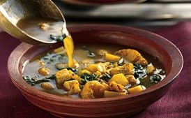 Curried Potato and Spinach Soup with Onion Salsa and Minted Yogurt