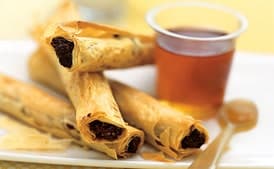 Date and Walnut Phyllo Rolls with Greek Yogurt and Honey