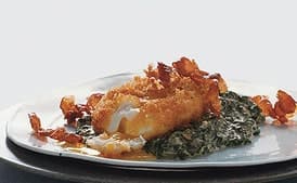 Deep-Fried Poached Eggs with Creamed Spinach and Serrano Ham