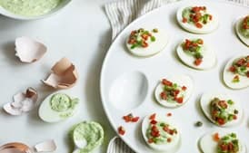 Deviled Green Eggs With Roasted Red Pepper and Capers