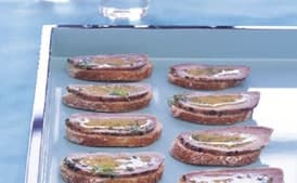 Dill-Cured Pork Crostini with Sweet Mustard Sauce