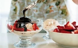 Dulce de Leche Ice Cream with Fresh Strawberries and Mexican Chocolate Sauce