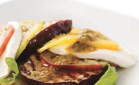 Eggplant Caprese with Grilled Tomato and Basil Vinaigrette