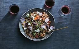 Farro Salad with Roasted Sweet Potatoes, Red Onion, and Goat Cheese